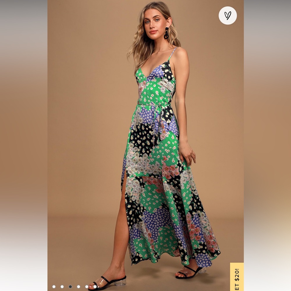 Bold Beauty Green Multi Floral Print Satin Maxi Dress NWT size Large